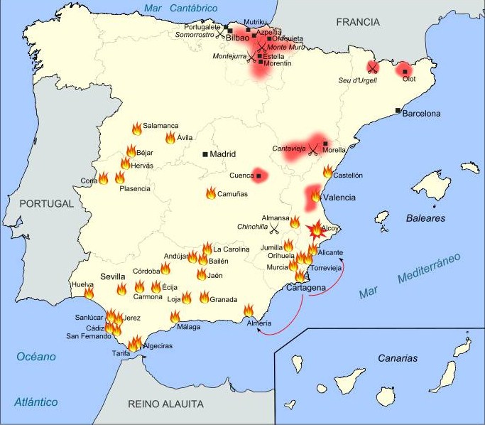 mapa dels escenaris conflictius durant la I República, autor Té y kriptonita, en http://commons.wikimedia.org/wiki/File:Conflictos_en_la_I_Rep%C3%BAblica_Espa%C3%B1ola.svg mapa sobre los escenarios conflictivos durante la I República